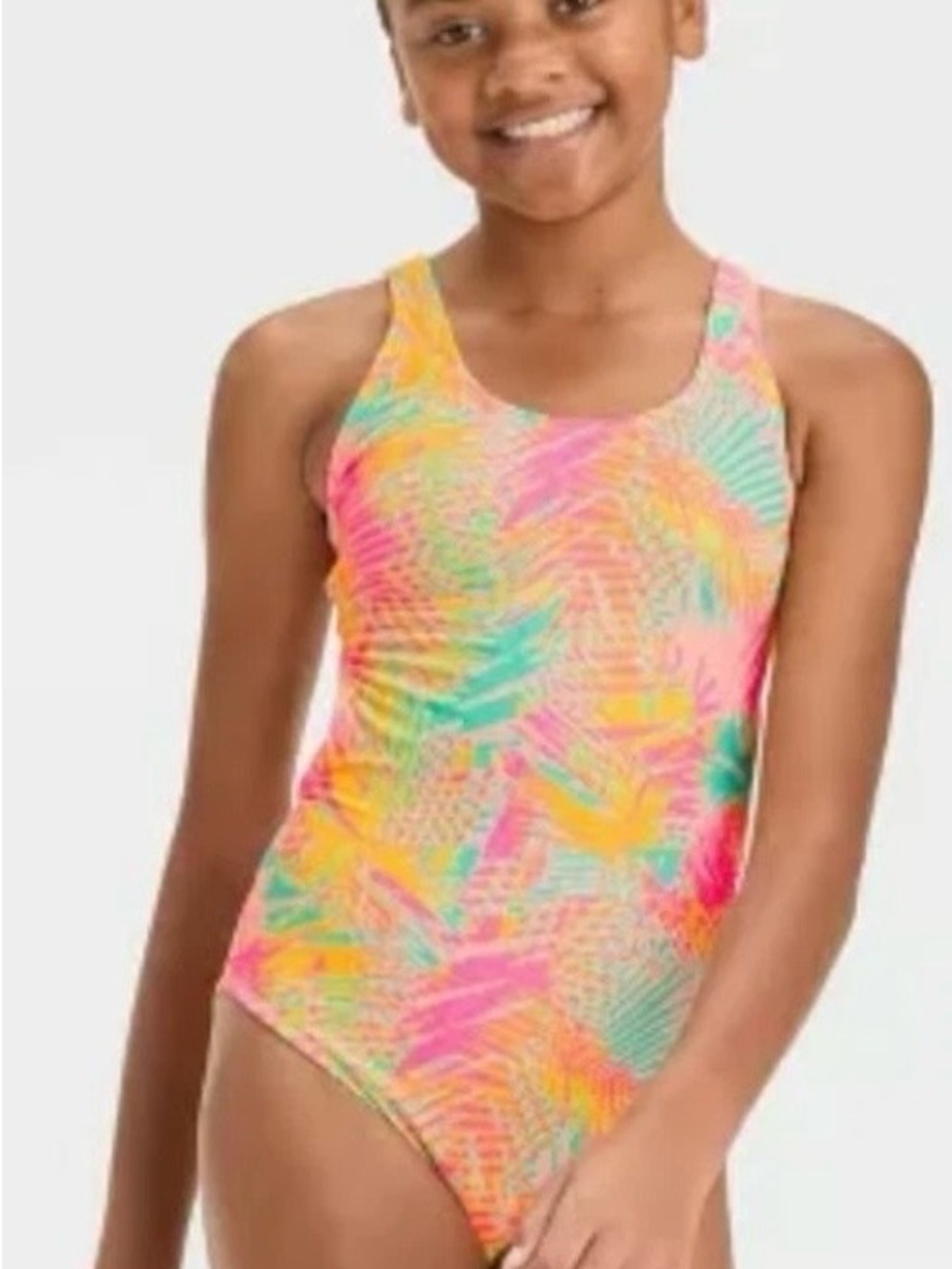 Art Class Girls One-Piece Swimsuit Ribbed Knit Multi Tropical Print Sz XS(4/5)